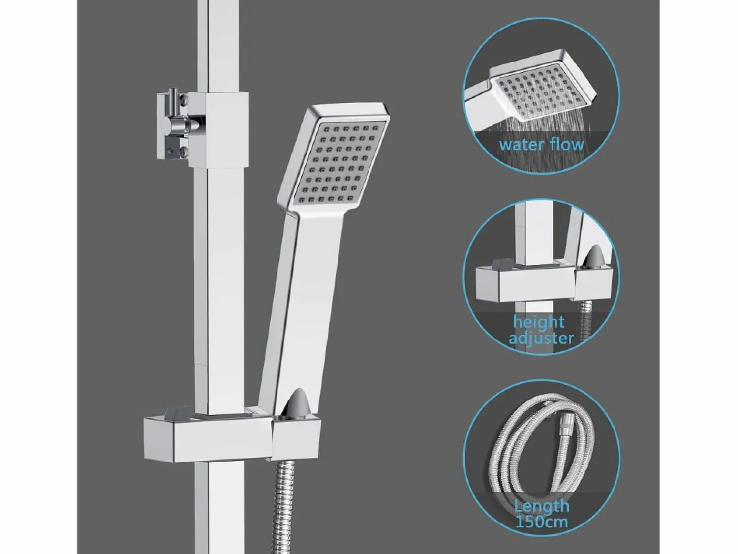 Aica Columna De Ducha * Columna de Ducha Termostática Cromada| Alcachofa Cuadrada Grande | Barra Regulable 76-118 cm | Sistema de Ducha Superior Plateado