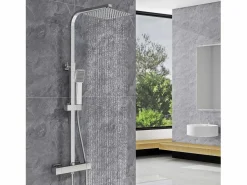Aica Columna De Ducha * 2 columnas de ducha termostáticos en cromo brillante con rociador cuadrado y ducha de mano con columna ajustable Plateado