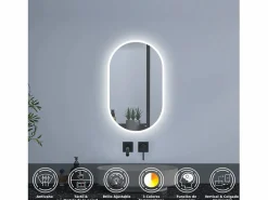 Aica Accesorios De Cuarto De Baño|Espejo De Cuarto De Baño * Espejo de baño LED 450 x 900 mm, ovalado, antivaho, luminosidad regulable Transparente