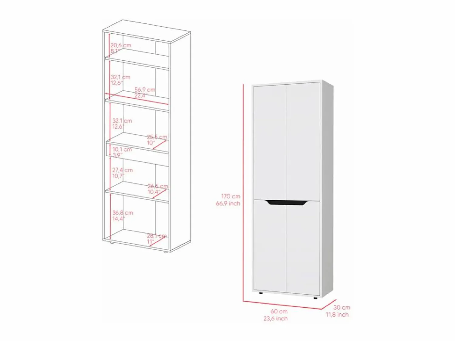 Alacena Herring en melamina con 4 puertas y 5 estantes , blanco , 170 cm X 60 cm X 30 cm < TuHome Outlet
