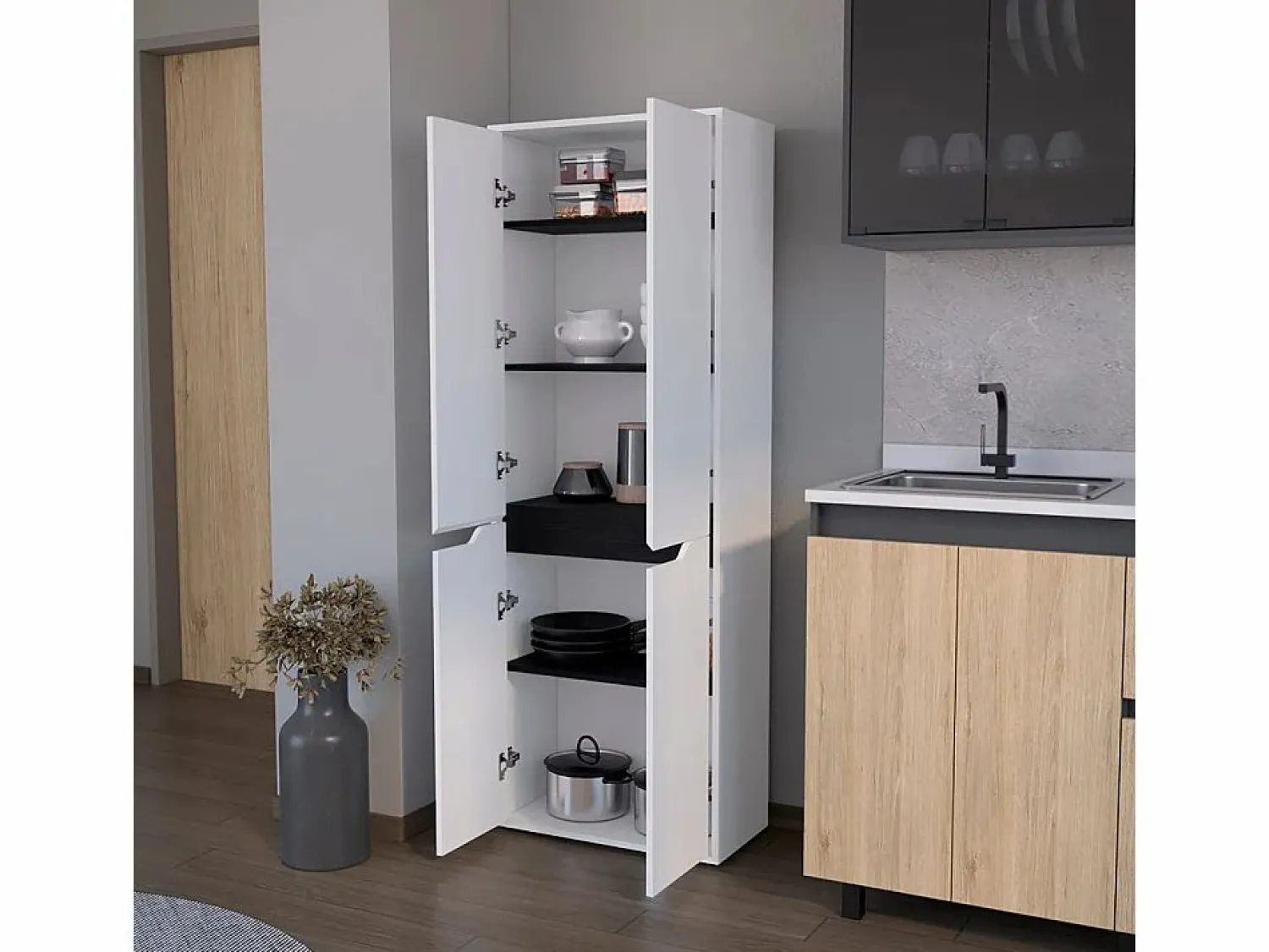 Alacena Herring en melamina con 4 puertas y 5 estantes , blanco , 170 cm X 60 cm X 30 cm < TuHome Outlet