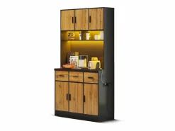 Aparador alto con 6 puertas y 3 cajones - 100 x 40 x 180 cm - LED y puerto de carga - Madera MDF - Estantes regulables - Natural + negro < Merax Hot