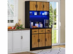 Aparador alto con 6 puertas y 3 cajones - 100 x 40 x 180 cm - LED y puerto de carga - Madera MDF - Estantes regulables - Natural + negro < Merax Hot