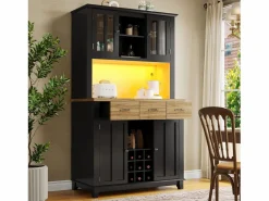 Aparador alto de cocina con 4 puertas + 3 cajones + estante + luces LED - 106 x 40 x 179,5 cm - MDF - < Merax Discount