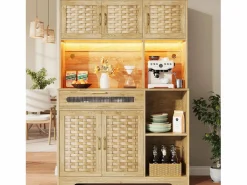 Aparador alto de cocina para salón - 120 x 40 x 180 cm - con 1 cajón + 6 puertas + LED - Cristal + MDF + metal - natural < Merax New