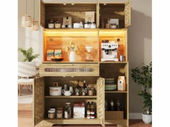 Aparador alto de cocina para salón - 120 x 40 x 180 cm - con 1 cajón + 6 puertas + LED - Cristal + MDF + metal - natural < Merax New