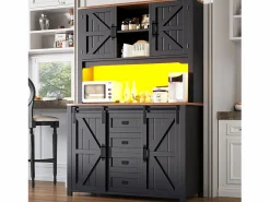 Aparador alto de cocina - 115 x 40 x 174,7 cm - con puertas correderas + cajones + LED - MDF + metal - < Merax New