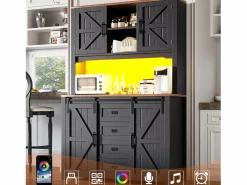 Aparador alto de cocina - 115 x 40 x 174,7 cm - con puertas correderas + cajones + LED - MDF + metal - < Merax New