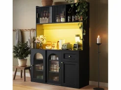 Aparador alto de cocina - 120 x 35 x 167 cm - con estantes regulables + 3 puertas + 1 cajón + LED - MDF + PB - < Merax Best