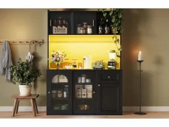 Aparador alto de cocina - 120 x 35 x 167 cm - con estantes regulables + 3 puertas + 1 cajón + LED - MDF + PB - < Merax Best