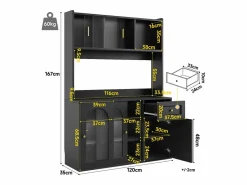 Aparador alto de cocina - 120 x 35 x 167 cm - con estantes regulables + 3 puertas + 1 cajón + LED - MDF + PB - < Merax Best