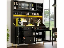Aparador alto de cocina - 145 x 39 x 171 cm - con LED + botellero + puertas de cristal + 3 cajones - cristal + MDF - < Merax Discount