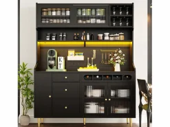 Aparador alto de cocina - 145 x 39 x 171 cm - con LED + botellero + puertas de cristal + 3 cajones - cristal + MDF - < Merax Discount