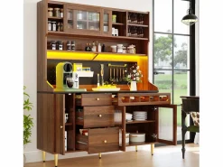 Aparador alto de cocina - 145 x 39 x 171 cm - con LEDs + botellero + puertas de cristal + 3 cajones - cristal + MDF - natural < Merax Outlet