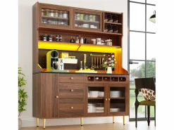 Aparador alto de cocina - 145 x 39 x 171 cm - con LEDs + botellero + puertas de cristal + 3 cajones - cristal + MDF - natural < Merax Outlet