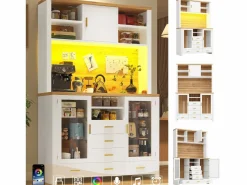 Aparador alto de cocina - 120 x 40 x 188 cm - estilo rústico - con LED + 6 cajones + 3 puertas + estantes - MDF - < Merax