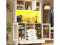 Aparador alto de cocina - 120 x 40 x 188 cm - estilo rústico - con LED + 6 cajones + 3 puertas + estantes - MDF - < Merax