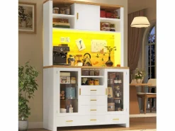 Aparador alto de cocina - 120 x 40 x 188 cm - estilo rústico - con LED + 6 cajones + 3 puertas + estantes - MDF - < Merax