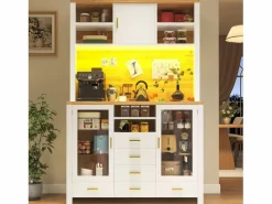 Aparador alto de cocina - 120 x 40 x 188 cm - estilo rústico - con LED + 6 cajones + 3 puertas + estantes - MDF - < Merax