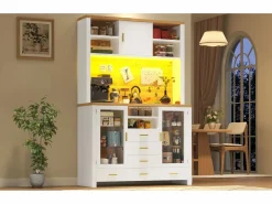 Aparador alto de cocina - 120 x 40 x 188 cm - estilo rústico - con LED + 6 cajones + 3 puertas + estantes - MDF - < Merax