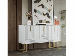 Aparador bajo de 3 puertas con estantes regulables - 138x40x80,5cm - Madera MDF y metal dorado - < Merax Sale