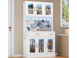 Aparador de cocina con iluminación LED, toma de corriente, 6 puertas de cristal y 2 cajones - Estantes regulables - < Hauss Spole