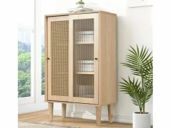 Aparador de cocina 60x40x100cm, 2 puertas correderas respectivamente en cristal y ratán < Hauss Spole Best