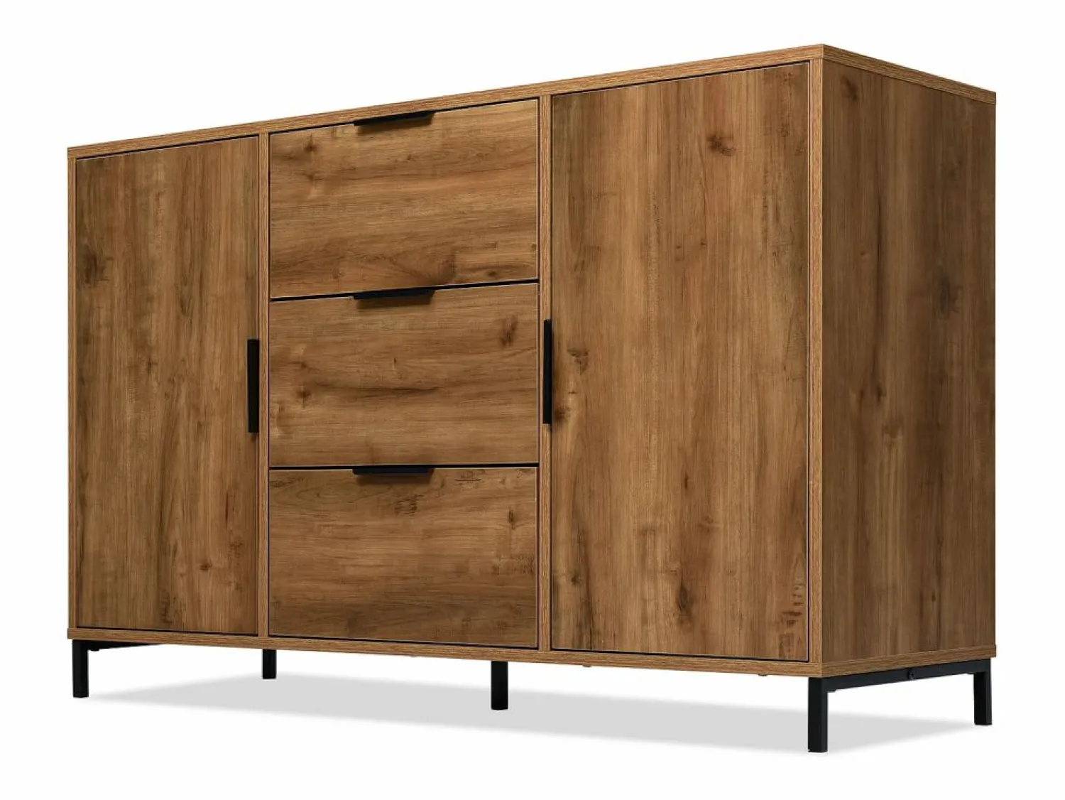 Aparador 120x40x76cm con 3 cajones y 2 puertas, en madera natural oscura, patas de metal negro. < Hauss Spole New