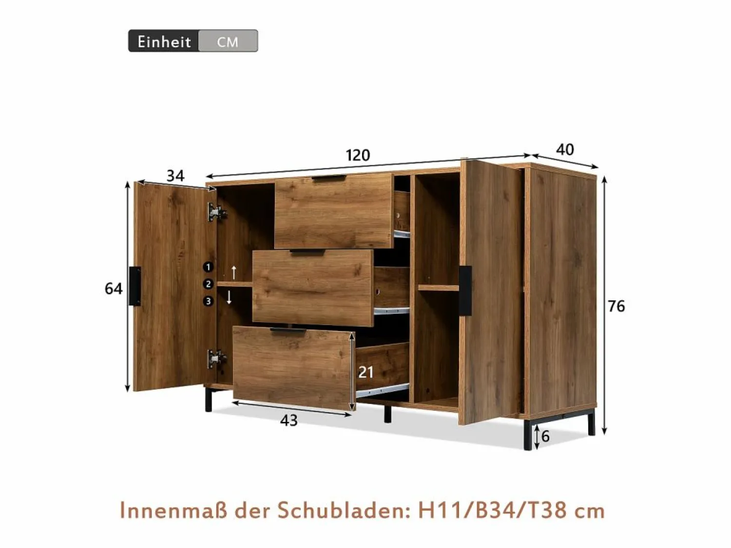 Aparador 120x40x76cm con 3 cajones y 2 puertas, en madera natural oscura, patas de metal negro. < Hauss Spole New