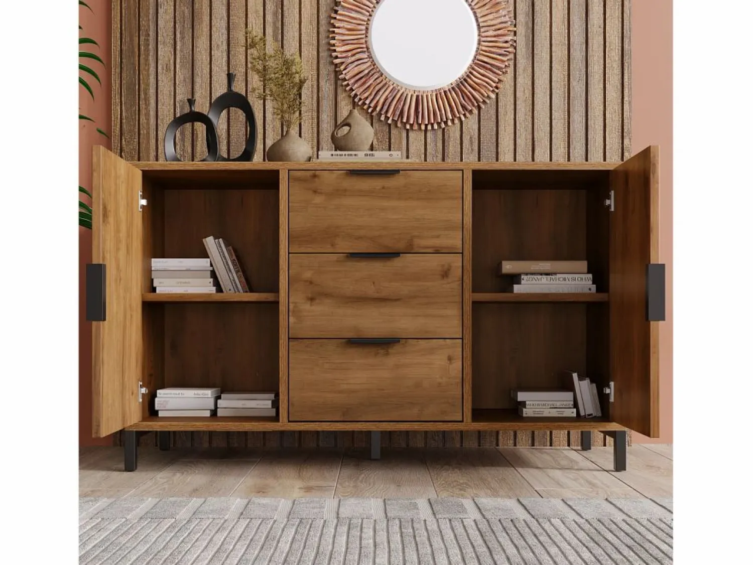 Aparador 120x40x76cm con 3 cajones y 2 puertas, en madera natural oscura, patas de metal negro. < Hauss Spole New