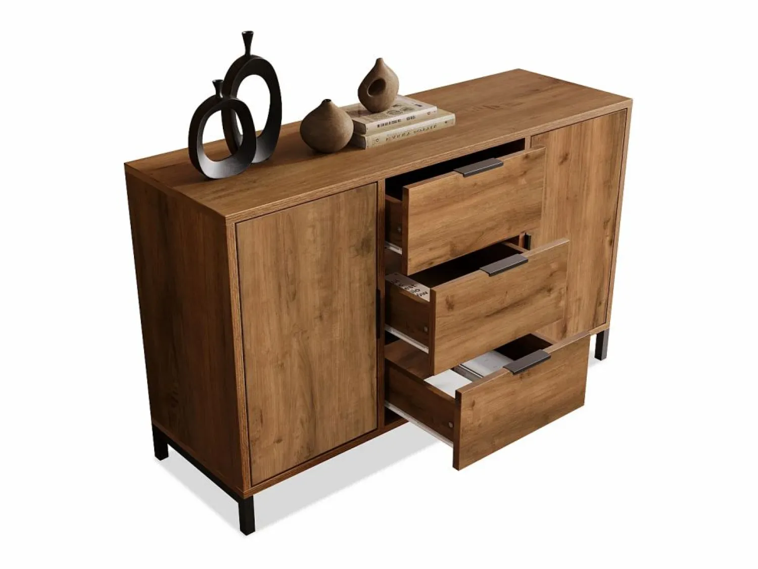 Aparador 120x40x76cm con 3 cajones y 2 puertas, en madera natural oscura, patas de metal negro. < Hauss Spole New