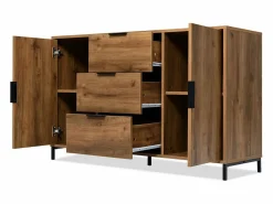 Aparador 120x40x76cm con 3 cajones y 2 puertas, en madera natural oscura, patas de metal negro. < Hauss Spole New