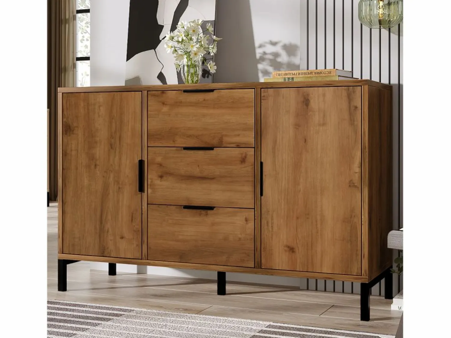 Aparador 120x40x76cm con 3 cajones y 2 puertas, en madera natural oscura, patas de metal negro. < Hauss Spole New