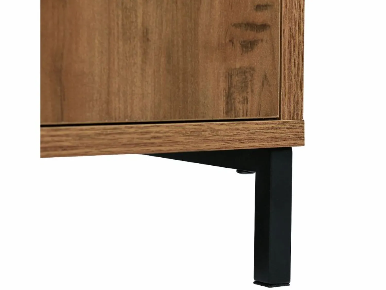 Aparador 120x40x76cm con 3 cajones y 2 puertas, en madera natural oscura, patas de metal negro. < Hauss Spole New