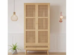 Armario con barra - 2 puertas de malla de ratán y 1 compartimento con solapa - Natural < ModernLuxe