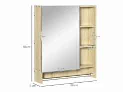 Basic Mueble De Aseo * Armario de baño Enebro Kleankin con espejo, estantes y toallero natural 70x60x15 cm Color natural claro