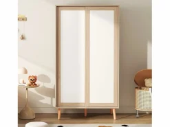 Armario infantil 80x46x141.5 cm - con barra para colgar ropa - 2 puertas correderas - patas de madera maciza - natural < ModernLuxe Discount