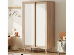 Armario infantil 80x46x141.5 cm - con barra para colgar ropa - 2 puertas correderas - patas de madera maciza - natural < ModernLuxe Discount