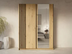 armario 2 puertas correderas con espejo L150 cm colores natural y negro - CALELA < Vente-unique Outlet