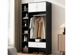 Armario 105x40x185 cm - con 1 cajón y 2 puertas - con barra para colgar ropa y compartimentos de almacenamiento abiertos - Blanco + Negro < ModernLuxe
