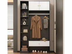 Armario 105x40x185 cm - con 1 cajón y 2 puertas - con barra para colgar ropa y compartimentos de almacenamiento abiertos - Blanco + Negro < ModernLuxe