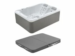 VOGUE SPA Bañera De Hidromasaje De Exterior * Bañera de hidromasaje de 3 plazas perlado con cubierta, 65 chorros, Ancho 210 x Prof. 158 x Alt. 73 cm, motor BALBOA, FIDJI Blanco