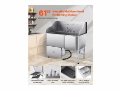 Bañera para Perros SucceBuy, Animales de Compañía Acero Inoxidable 155 cm, Rampita de Puerta Derecha < New