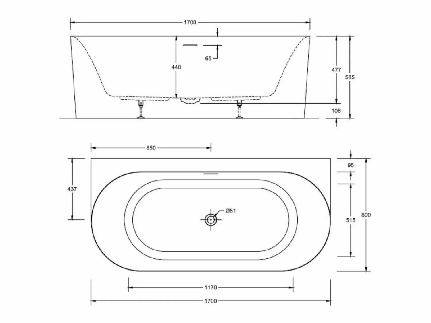 Bañera Semi Exenta * Bañera acrílica blanca de pared FORMA de 170 cm Blanco