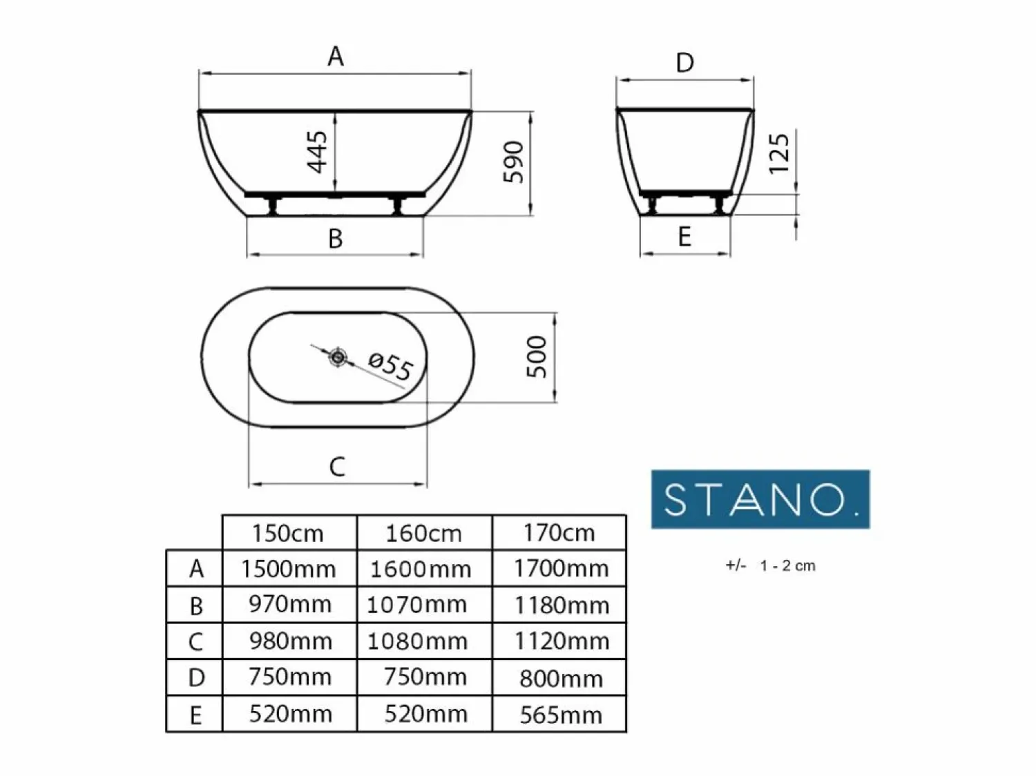STANO Bañera Exenta * Bañera exenta LISBON 160 cm Mate Blanco
