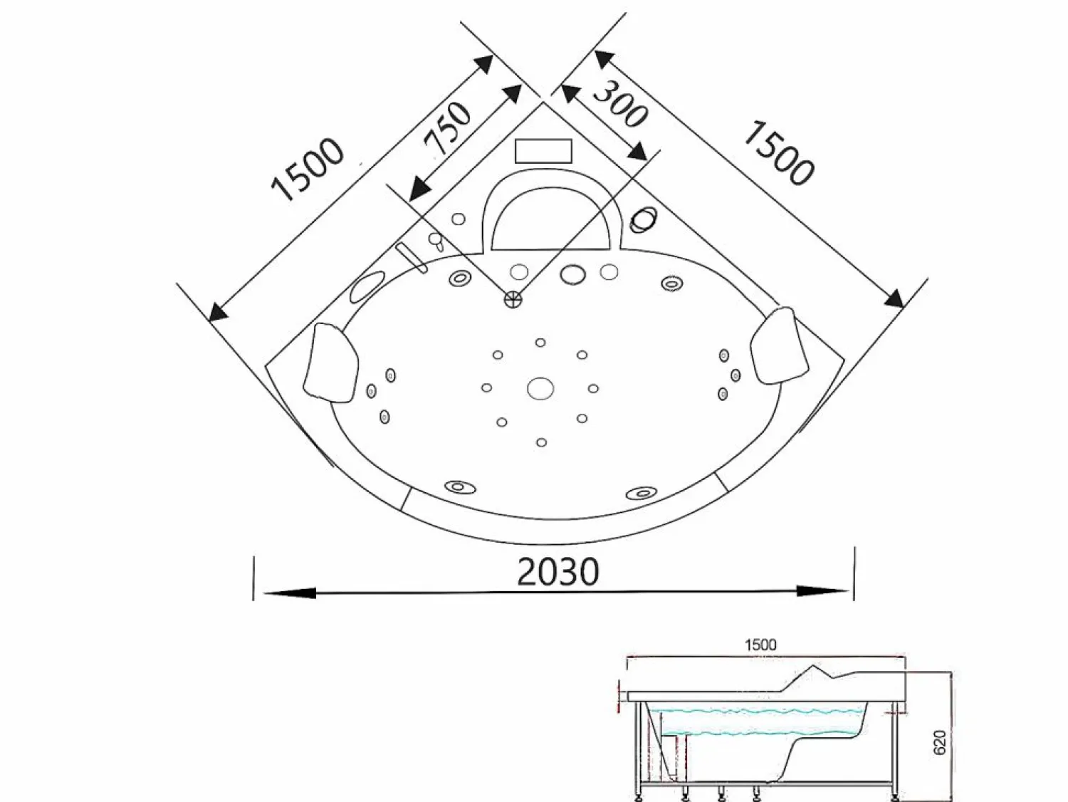 ELITESHOPPING Bañera De Hidromasaje|Bañera Rinconera * Bañera hidromasaje 150 X 150 cm Cromoterapia 12 jets - Mimosa Blanco