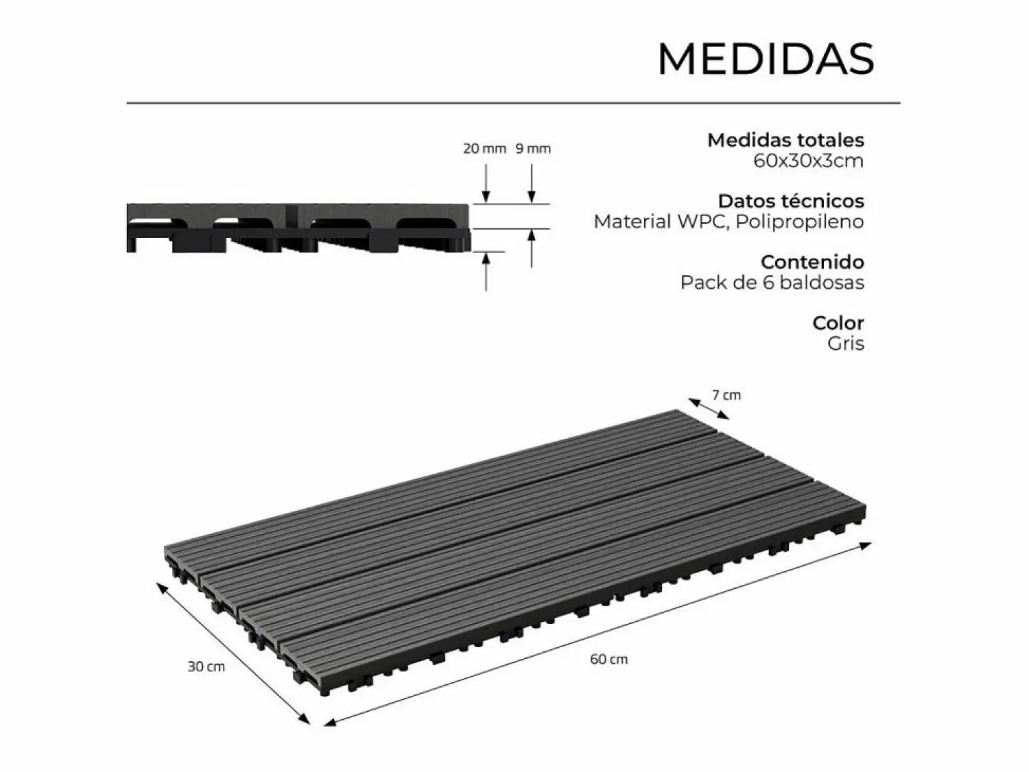 Baldosas de exterior – madera composite WPC, antideslizantes, set de 6 (1.08 m²) – Yoevu < New
