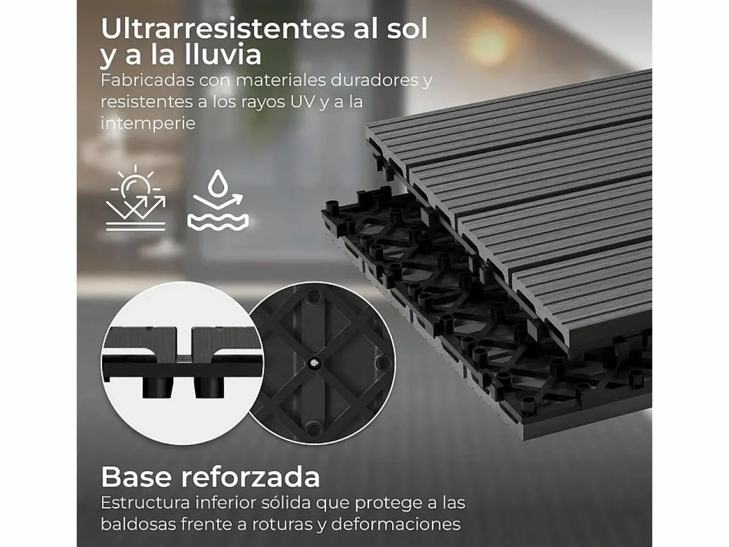 Baldosas de exterior – madera composite WPC, antideslizantes, set de 6 (1.08 m²) – Yoevu < New