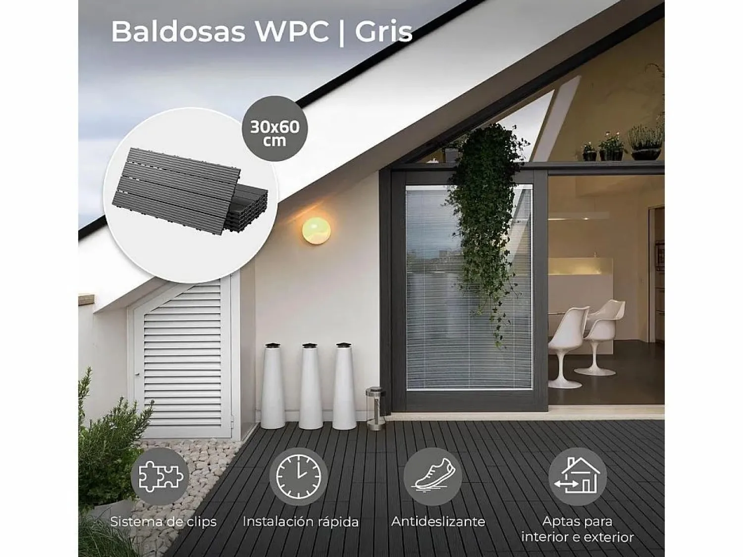 Baldosas de exterior – madera composite WPC, antideslizantes, set de 6 (1.08 m²) – Yoevu < New