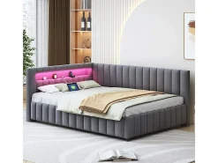 Banco cama acolchado de terciopelo 140x200 cm, Sofá cama con LED, USB, respaldo y cabecero, < DripeX Outlet